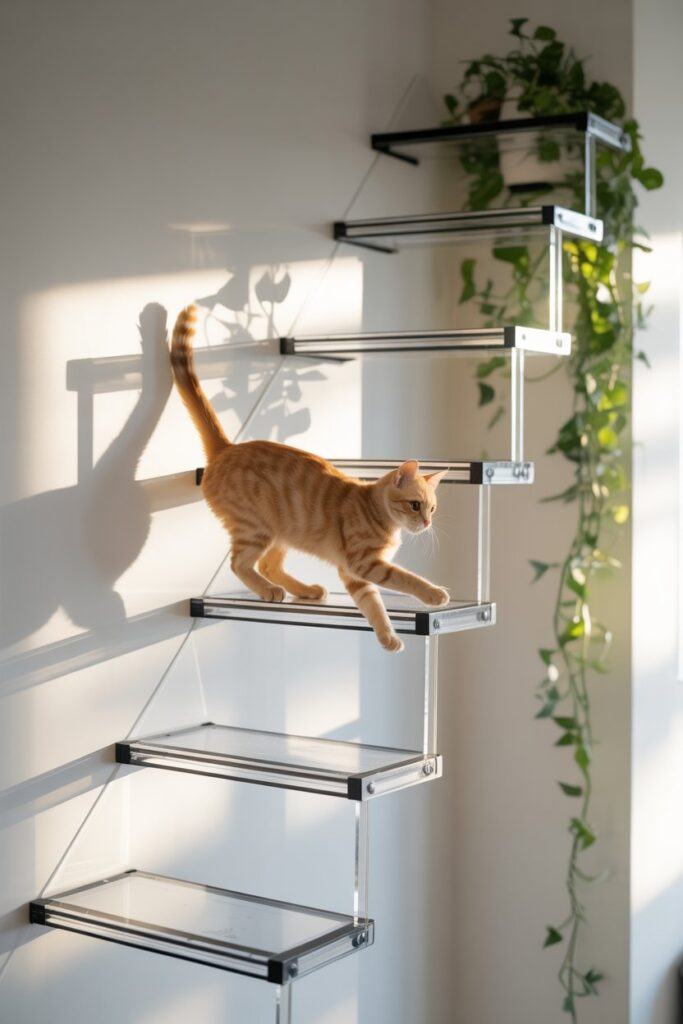 Clear acrylic cat shelves held by heavy-duty nano-tape—modern Pet-Friendly Home Decor hack