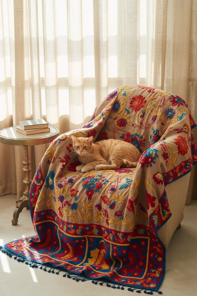 Colorful Suzani throw with traditional Uzbek embroidery, perfect for pet-friendly ethnic home decor and cozy snuggle spots.