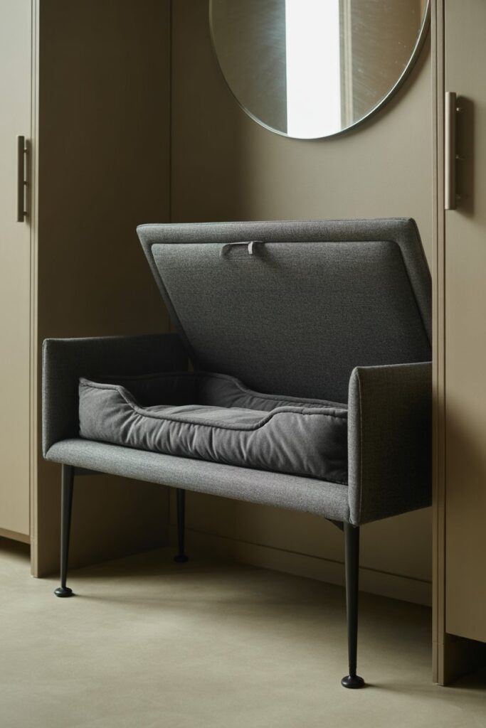 Console bench in moisture-resistant fabric with lift-up seat revealing a hidden plush dog bed