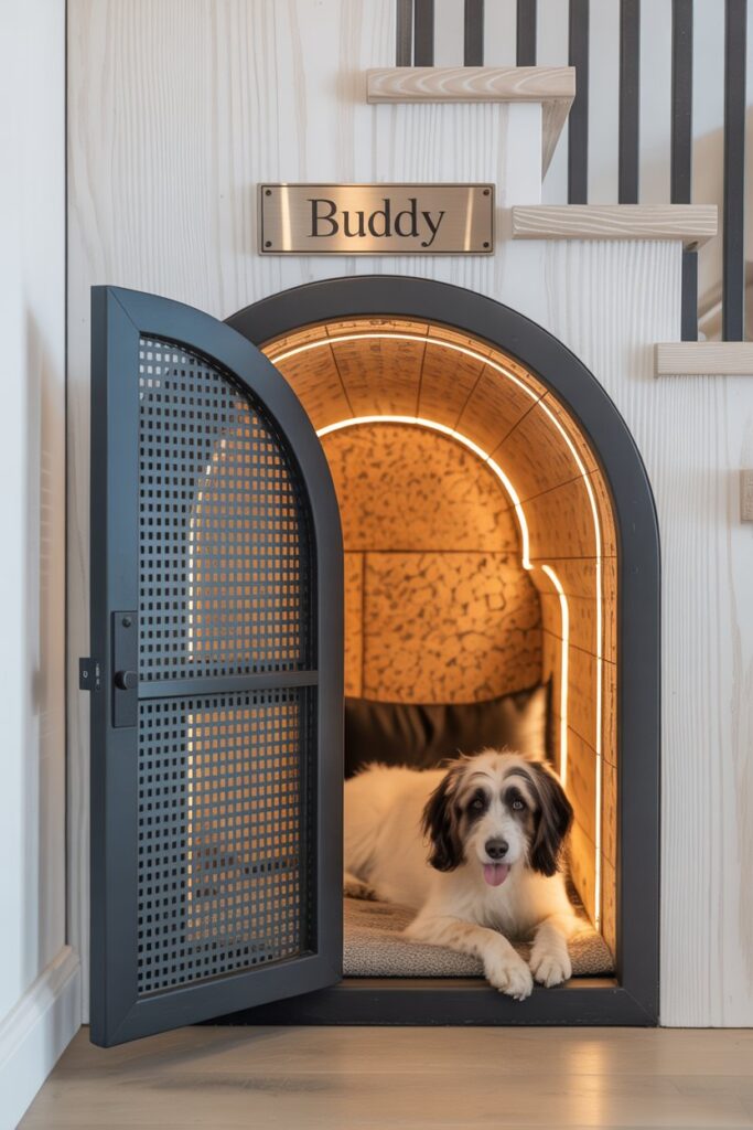 Cozy dog den carved into the stairwell with washable cork insulation, airflow vents, and a plush removable cushion.