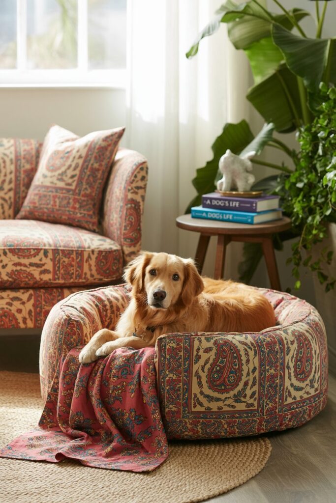 Cozy pet bed featuring traditional Indian block print fabric, blending ethnic home decor with pet-friendly style.