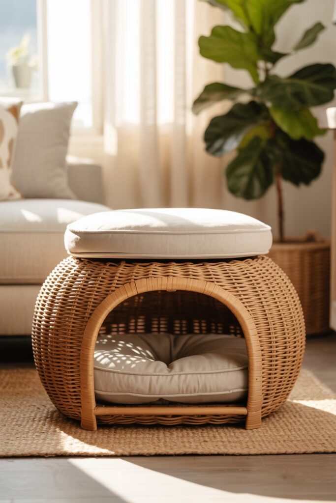 Cozy rattan crate ottoman with washable cushion — blend of organic texture and Barkitecture flair
