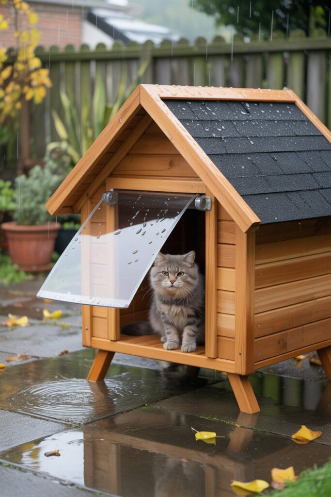 Cozy weatherproof wooden shelter for stray cats with PVC flap door, part of 10 feral cat help ideas.