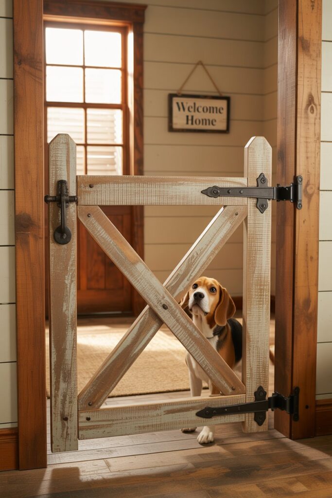 DIY barn door pet gate with distressed wood for pet-friendly rustic interiors