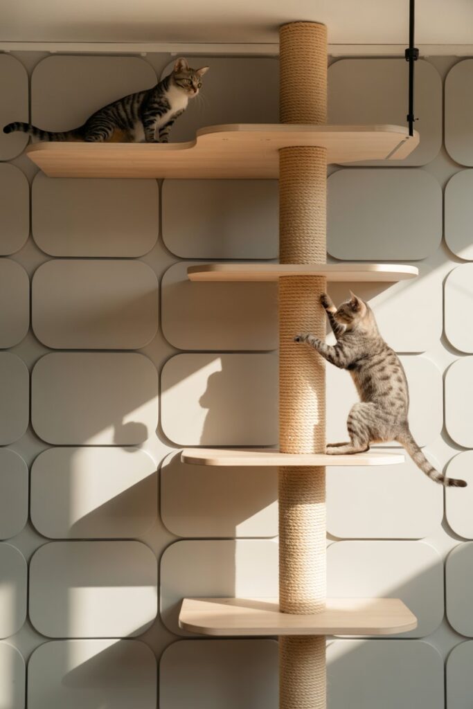 DIY cat wall playground interlocking white panels, sisal climbing columns, and floating wood perches