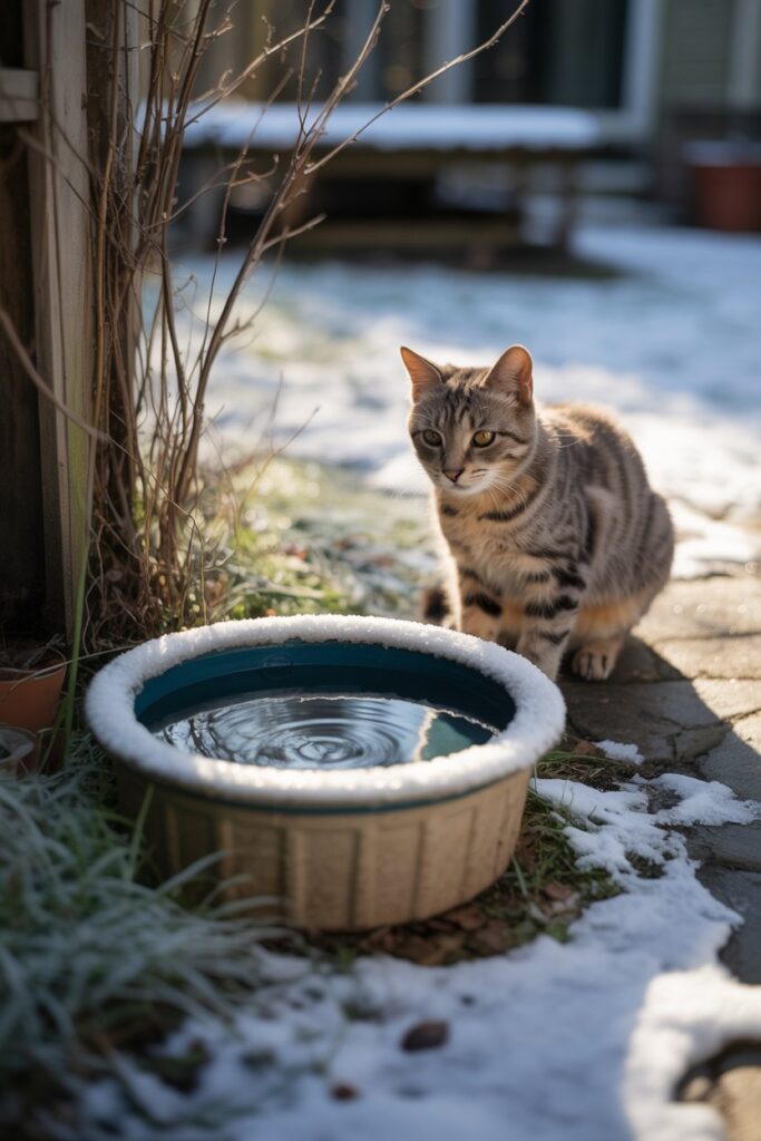 DIY insulated water container for feral cats keeping water unfrozen during freezing temperatures.