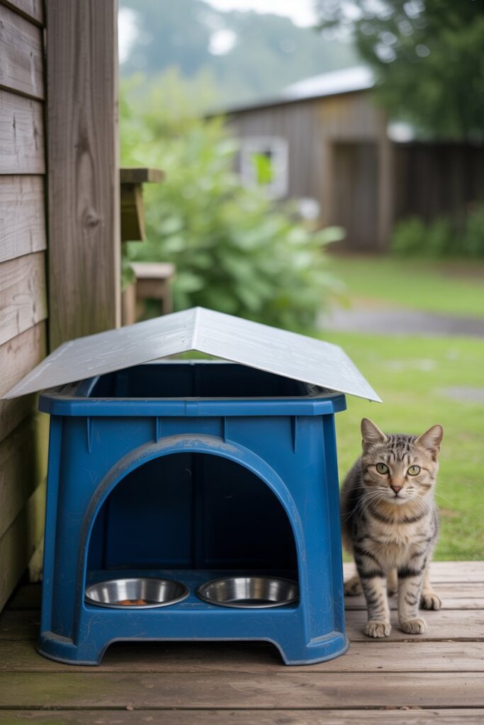 Simple covered cat feeding station in a quiet backyard protecting feral cat food from rain and snow.