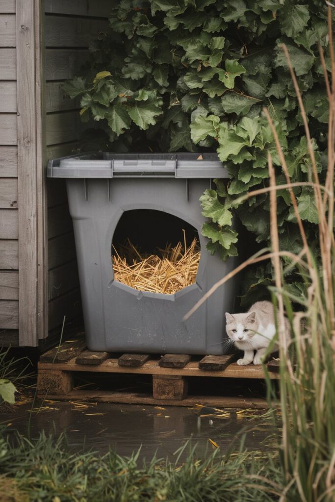 DIY winter feral cat shelter made from a plastic storage bin insulated with straw, placed in a backyard for warmth and safety.