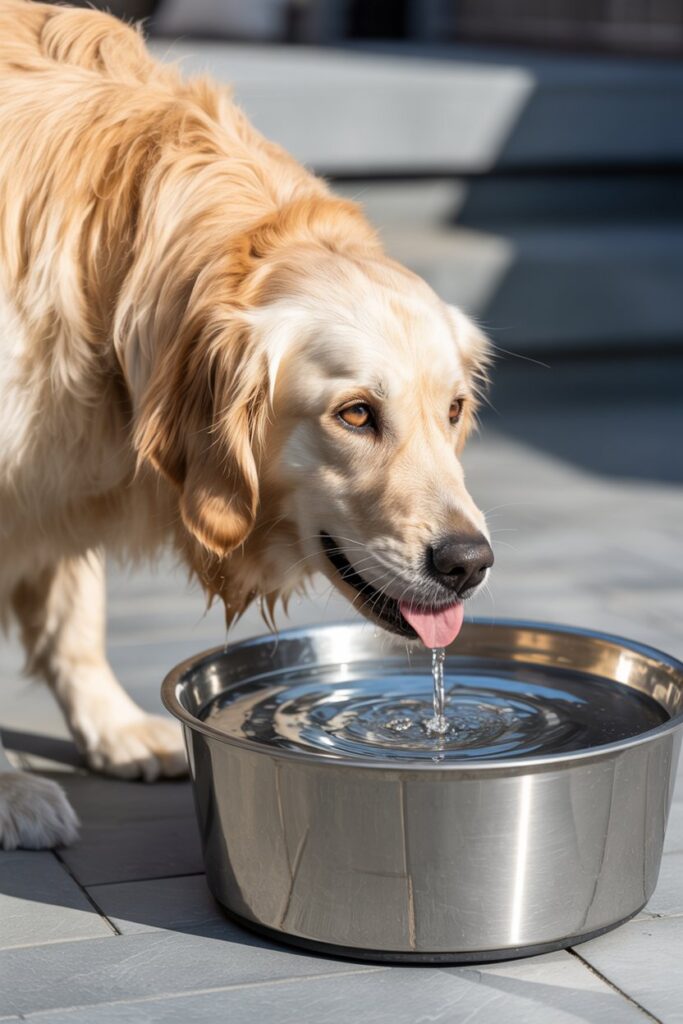 Dog enjoying fresh, clean water to beat the heat during summer walks.