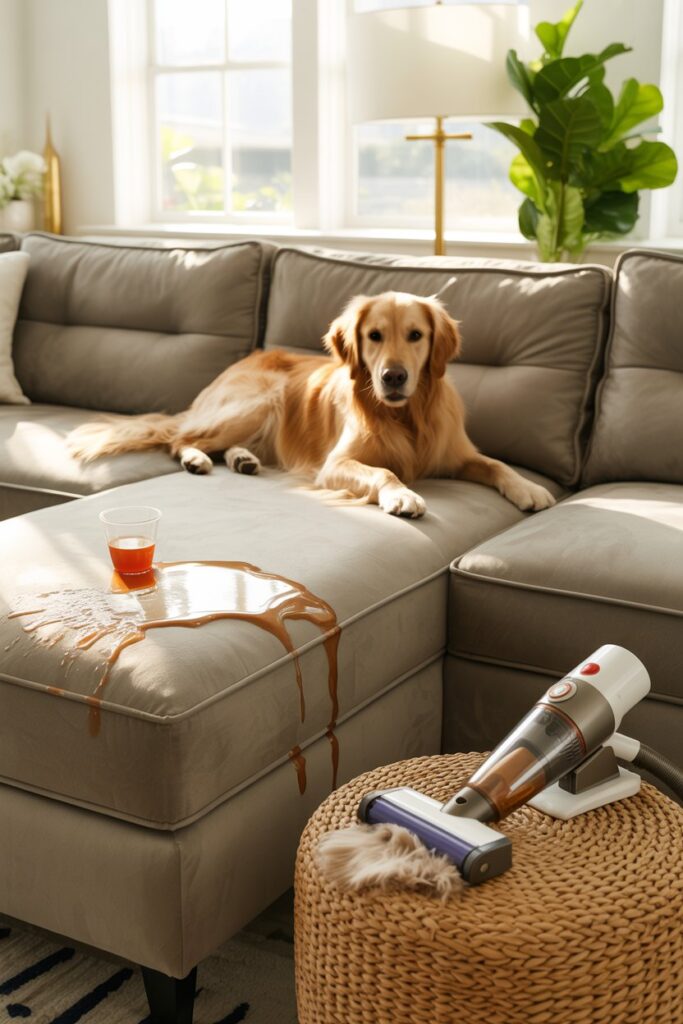 Stain-release microfiber sofa in modern living room—Pet-Friendly Furniture choice