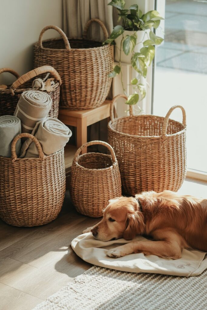 Durable Vietnamese seagrass baskets holding pet blankets and toys, ideal for organized and pet-friendly living spaces.