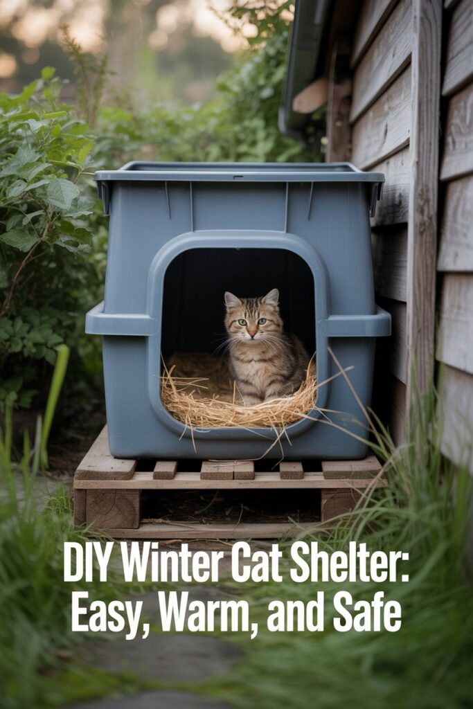 Homemade insulated feral cat shelter with small entry hole, built from a storage bin to protect cats from winter elements.