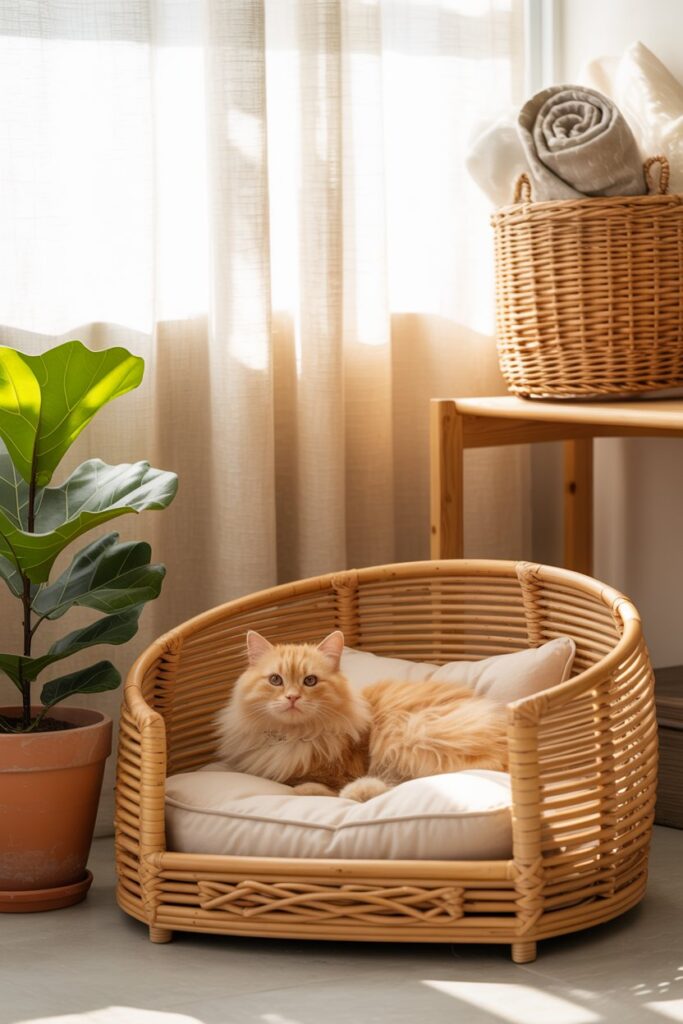 Eco-friendly rattan pet bed with neutral cushions, perfect for Asian-inspired ethnic home decor and pet-friendly living spaces.