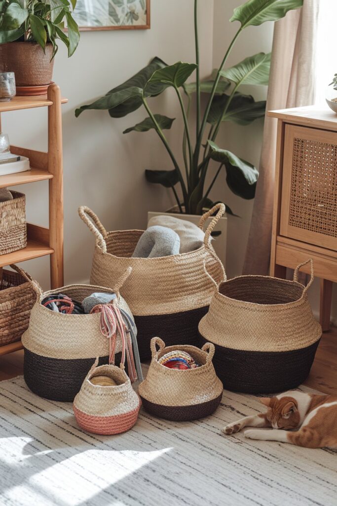 Eco-friendly woven baskets from Ghana and Vietnam, stylishly organizing pet toys and leashes in ethnic-inspired homes.