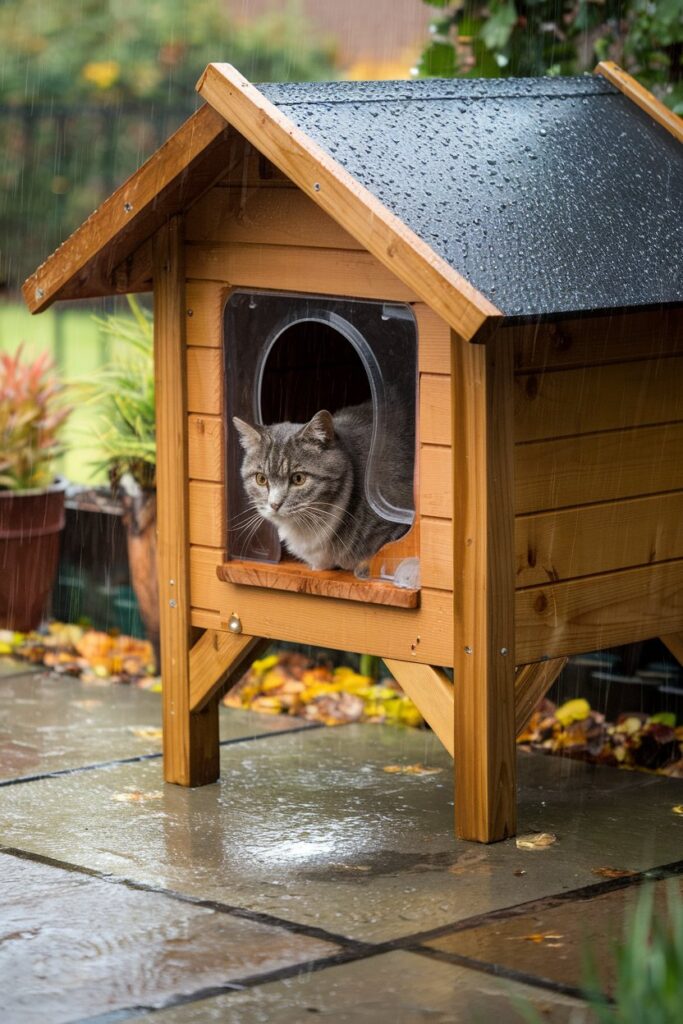 Elevated outdoor cedar cat shelter with rain protection—great DIY outdoor cat house inspiration.