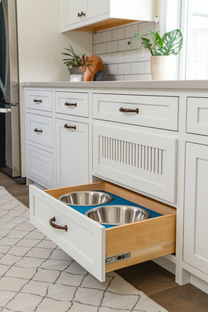 Ergonomic dog feeding station in kitchen toe-kick drawer, featuring stainless bowls, soft-close undermount slides, and protective quartz backsplash.