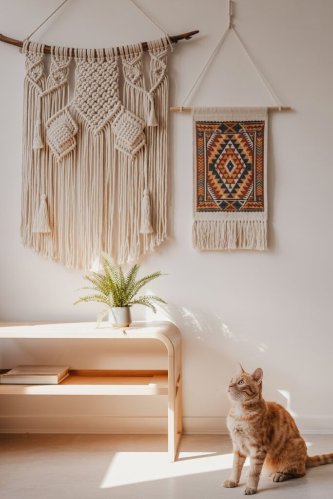 Ethnic home decor gallery featuring macramé, woven wool rugs, and framed textiles in a pet-safe living room with a curious cat nearby.