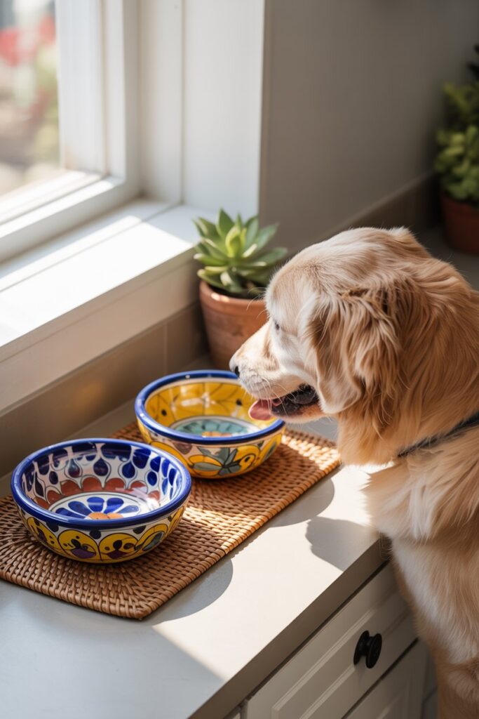 Ethnic home decor inspired Talavera bowls for pets, combining unique design and practical dishwasher-safe function.