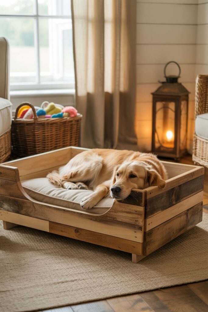Farmhouse-style pet bed built with reclaimed wood and cozy cushion