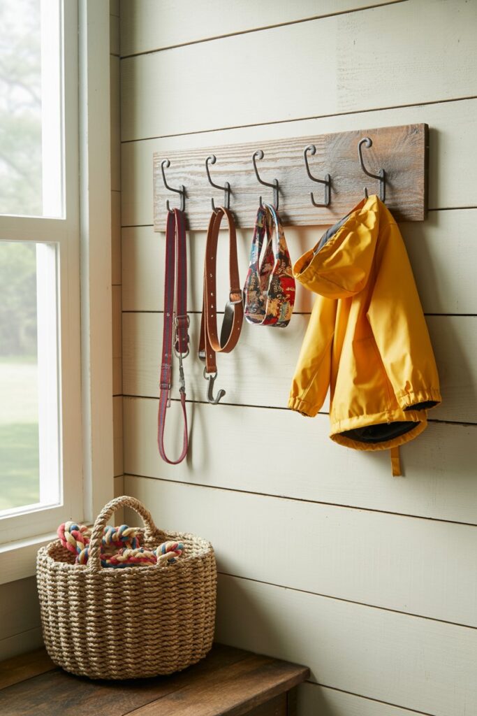Farmhouse-style pet leash and collar organizer using wrought iron hooks on barn wood