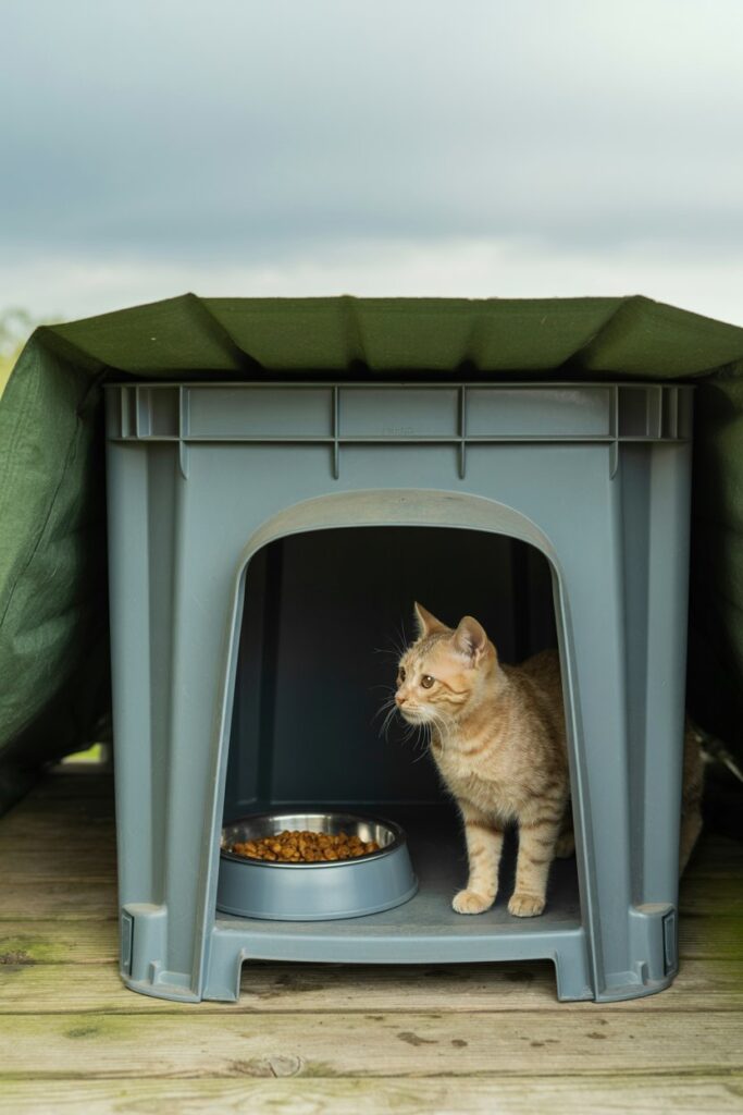 Weatherproof homemade cat feeder setup ensuring stray cats have a safe, dry place to eat outdoors.