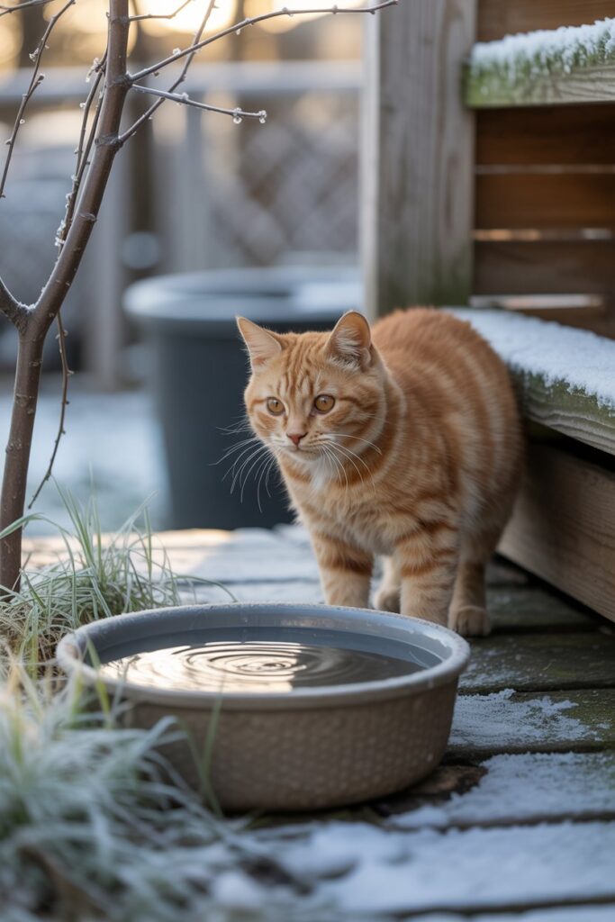 Feral cat drinking from a heated water dish outside on a cold winter day to avoid frozen water.