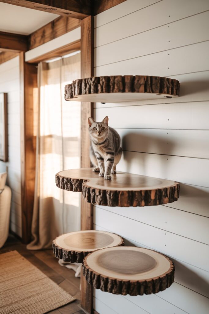 Floating cat shelves made from natural wood slices, perfect for rustic home decor