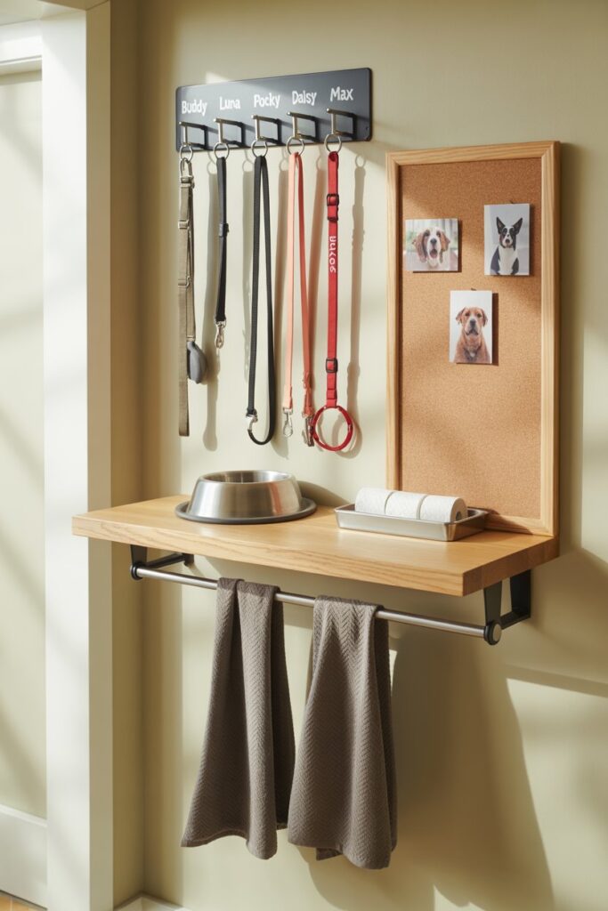 Floating oak shelf at dog-eye level with a slim neodymium magnet rail for leashes.