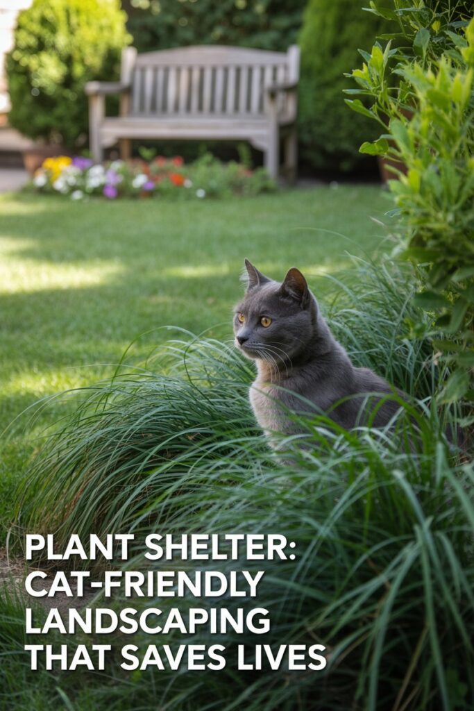 Gray feral cat hiding in evergreen shrubs for natural outdoor shelter
