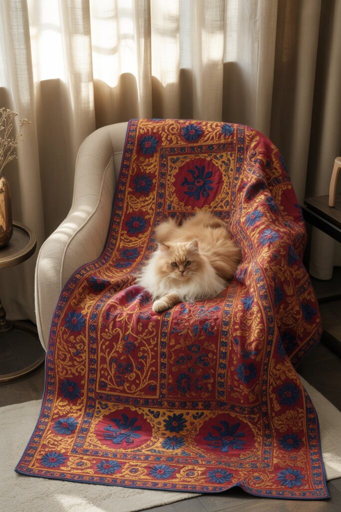 Hand-embroidered Suzani textile draped on sofa with a cat lounging, blending global style and pet comfort.