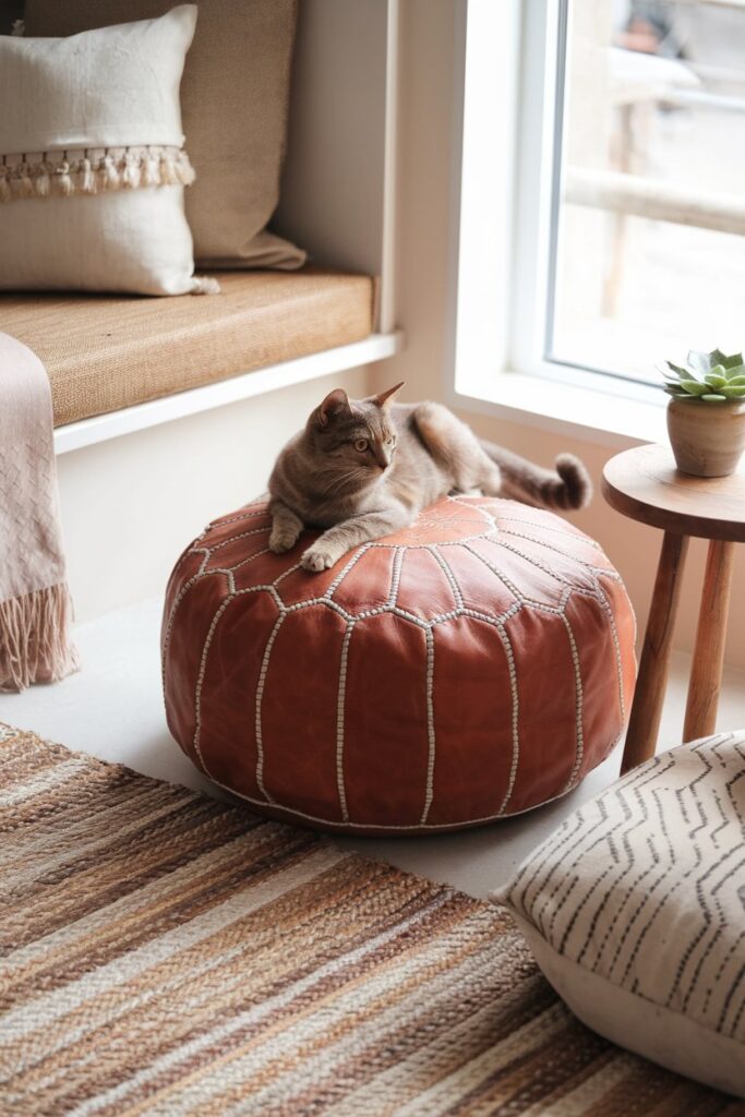 Hand-stitched Moroccan leather pouf in warm earth tones with a relaxed cat perched on top in a cozy living room.