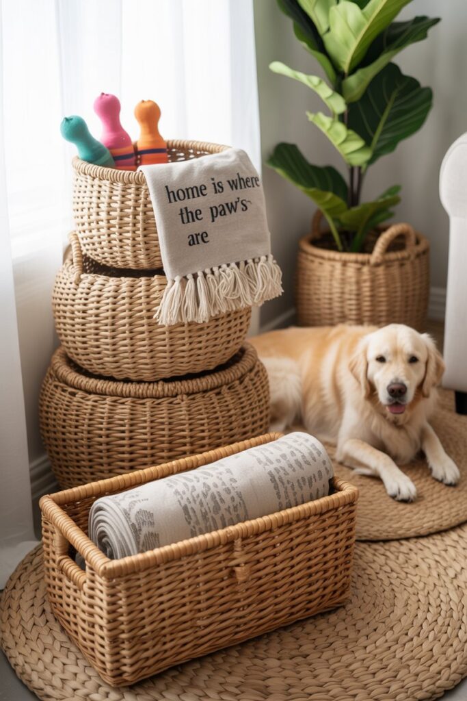 Handwoven Bolga baskets for stylish pet toy storage, perfect for eco-friendly and ethnic home decor lovers.