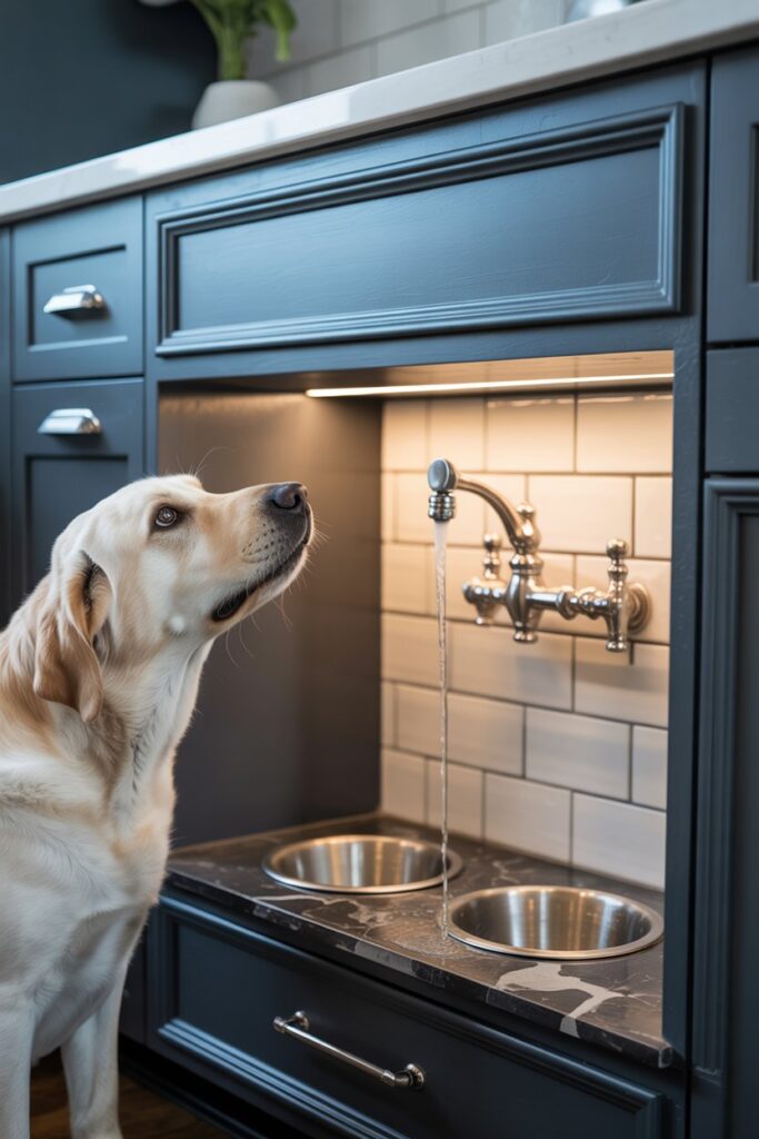 High-end island pet feeding station with built-in pot-filler pet faucet and recessed stainless bowls—a top Barkitecture Idea for Pet-Friendly Home Decor.