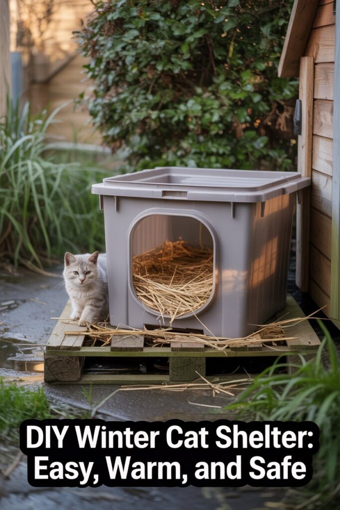 Easy outdoor cat shelter using a repurposed cooler with straw bedding to keep feral cats warm during cold weather.