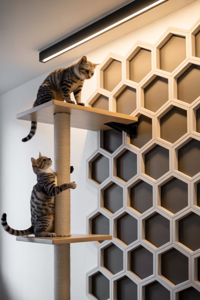 Honeycomb-style modular cat wall panels with integrated sisal-wrapped posts and perch platforms—a top Cat Wall Idea
