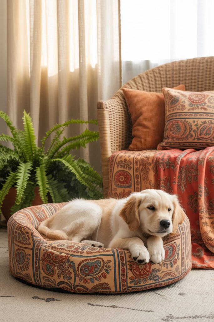 Indian block print pet bed with vibrant paisley and floral patterns, perfect for stylish and comfy ethnic home decor.