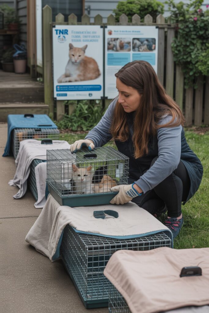 Informational sign about Trap-Neuter-Return programs with volunteers working to help feral cat colonies.