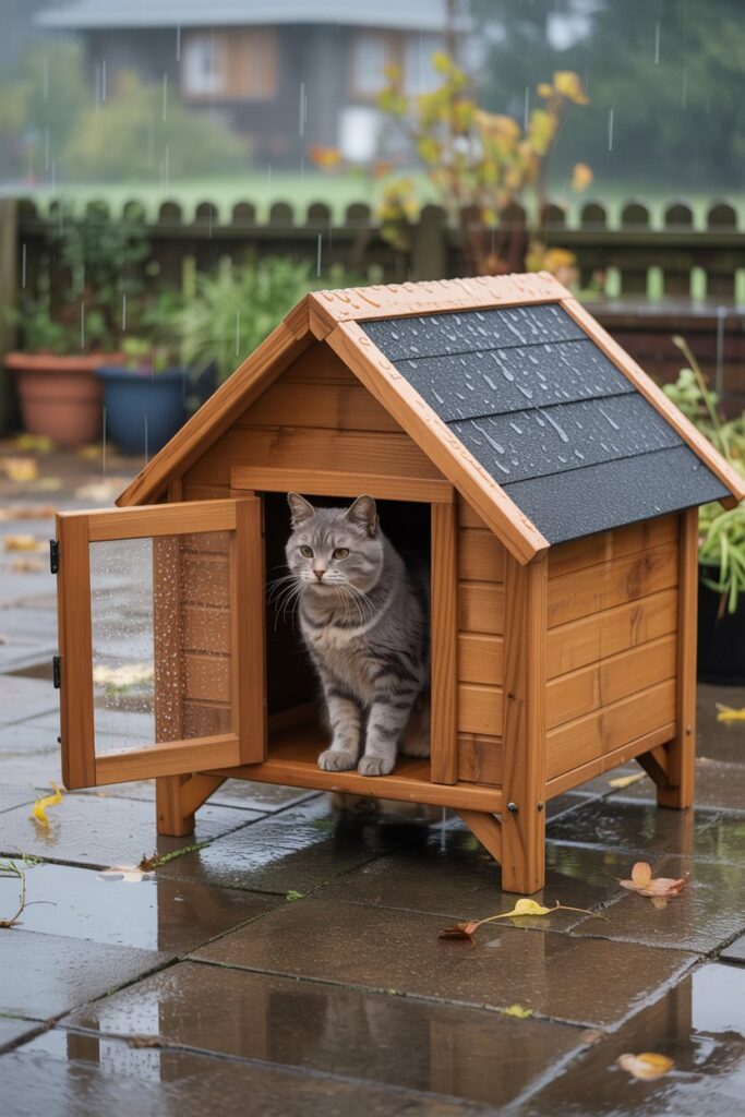 Insulated outdoor cat house in a backyard, perfect feral cat shelter idea for winter or rainy seasons.