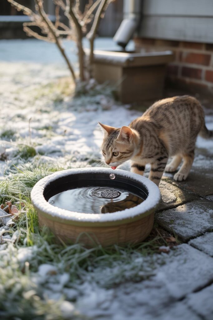 Insulated outdoor cat water bowl preventing freezing to help feral cats stay hydrated in winter.