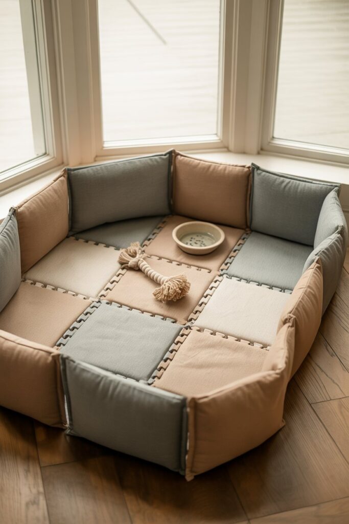 Interlocking EVA foam play mats with washable linen covers—portable Pet Play Area Idea”