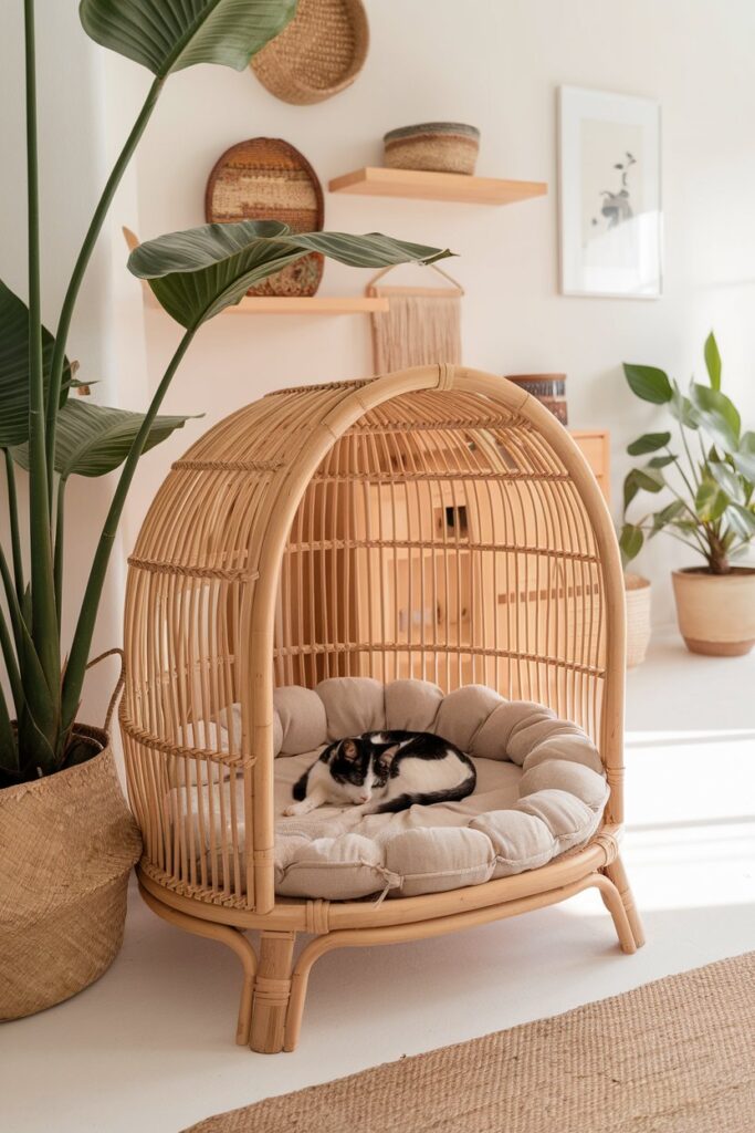 Light and airy rattan pet bed surrounded by lush green plants, a sustainable and natural choice for pet lovers with ethnic decor.
