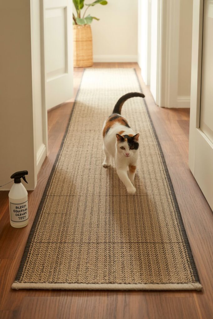 Low-pile olefin runner in herringbone pattern—hydrophobic Easy-Clean Rug for pets