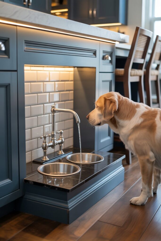 Luxury Pet-Friendly Home Decor setup pot-filler pet faucet over recessed stainless bowls in a dark marble niche with LED backlighting