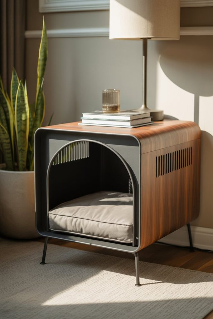 Modern walnut veneer side-table kennel with powder-coated a top Barkitecture Idea
