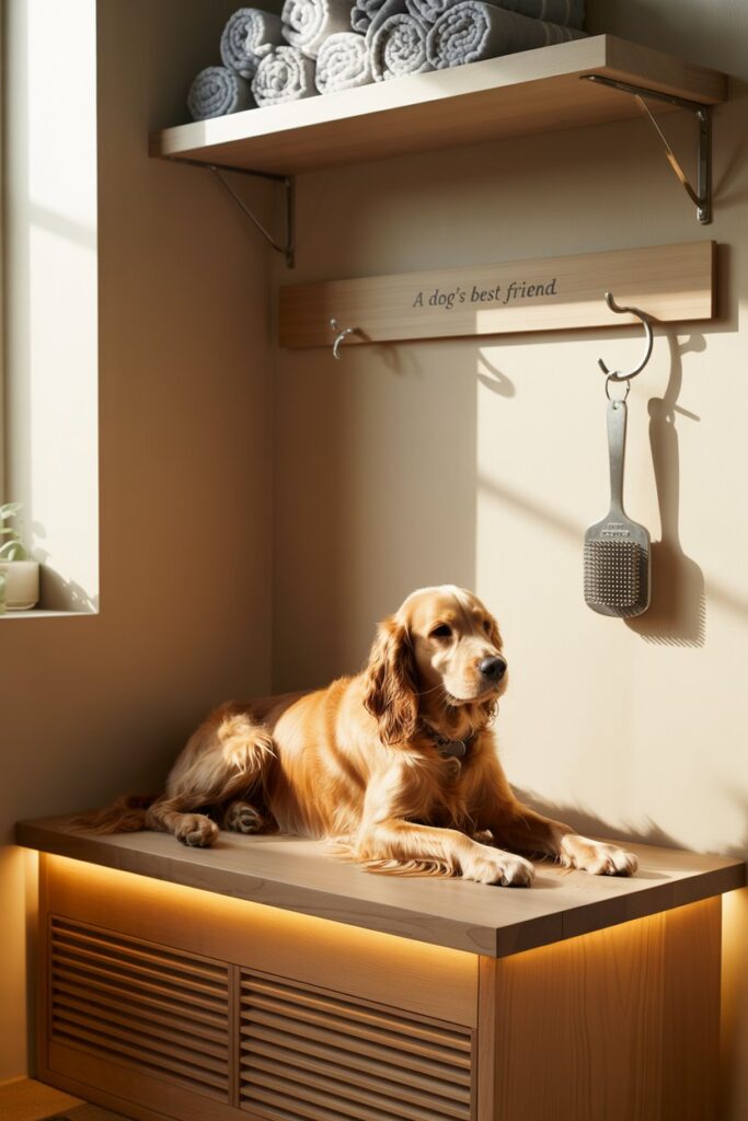 Moisture-resistant dog bench with low-voltage heaters under a non-slip rubber pad.