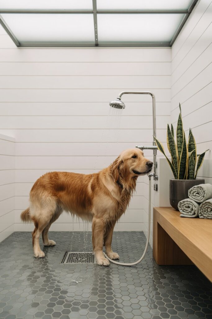 Mudroom dog shower with matte hex tiles and brushed-nickel linear drain — Barkitecture Idea