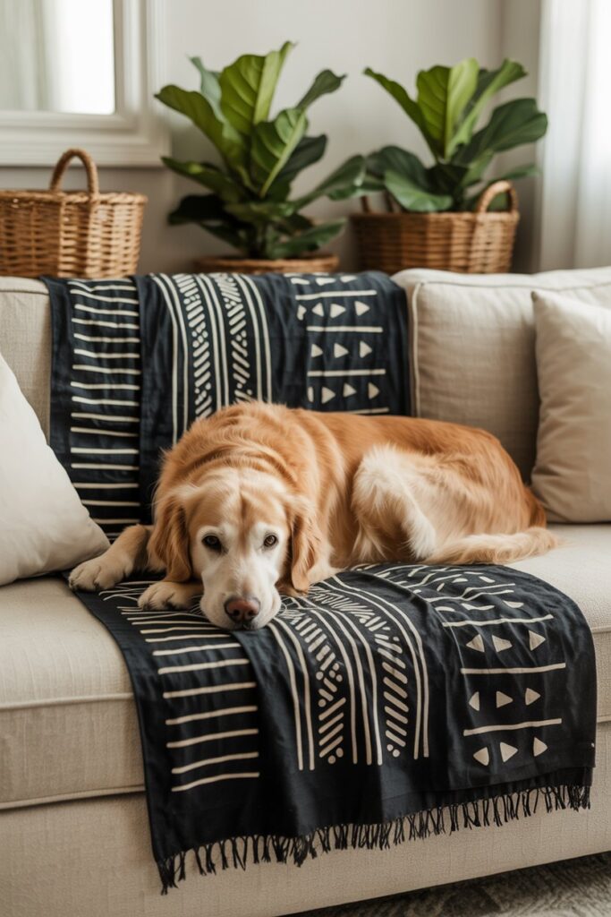 Neutral sofa with African mudcloth throw featuring bold geometric patterns and a relaxed dog resting, showcasing stylish pet furniture protection.