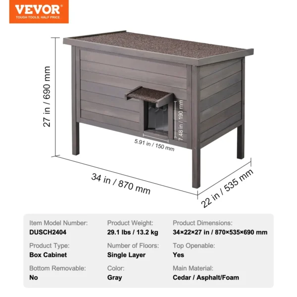 Outdoor cat house with thick PVC door flap installed for wind protection