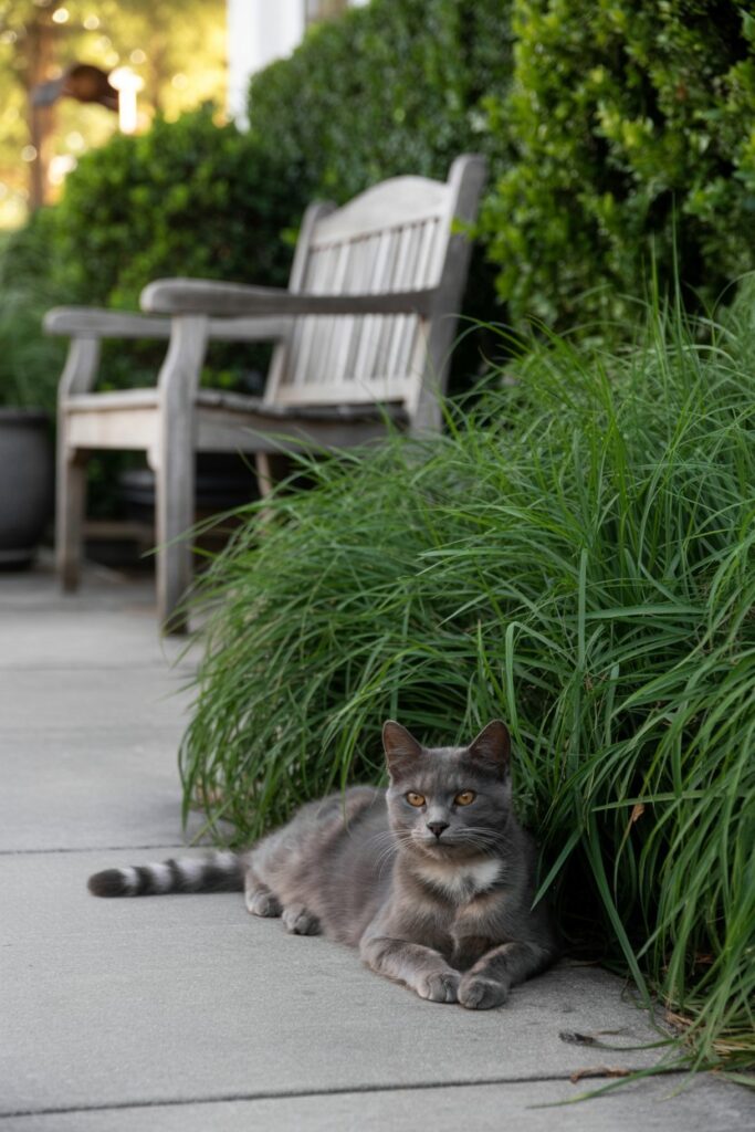Outdoor cat taking refuge under native garden plants in suburban yard