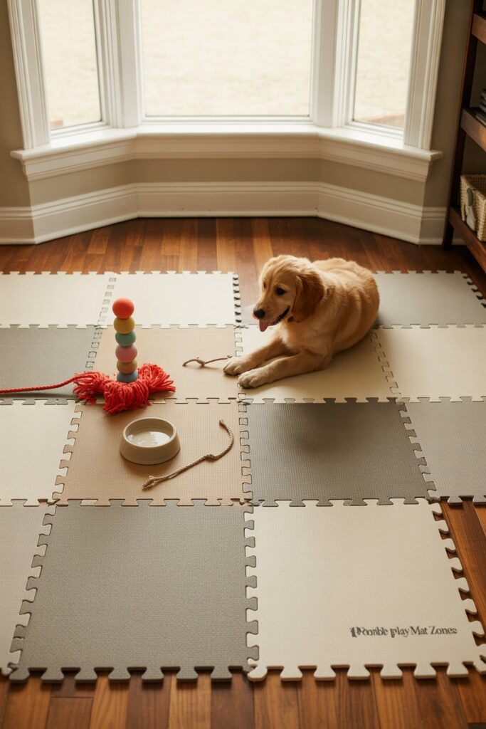 Oversized foam pet tile setup with neutral pattern—DIY Pet Organization Idea